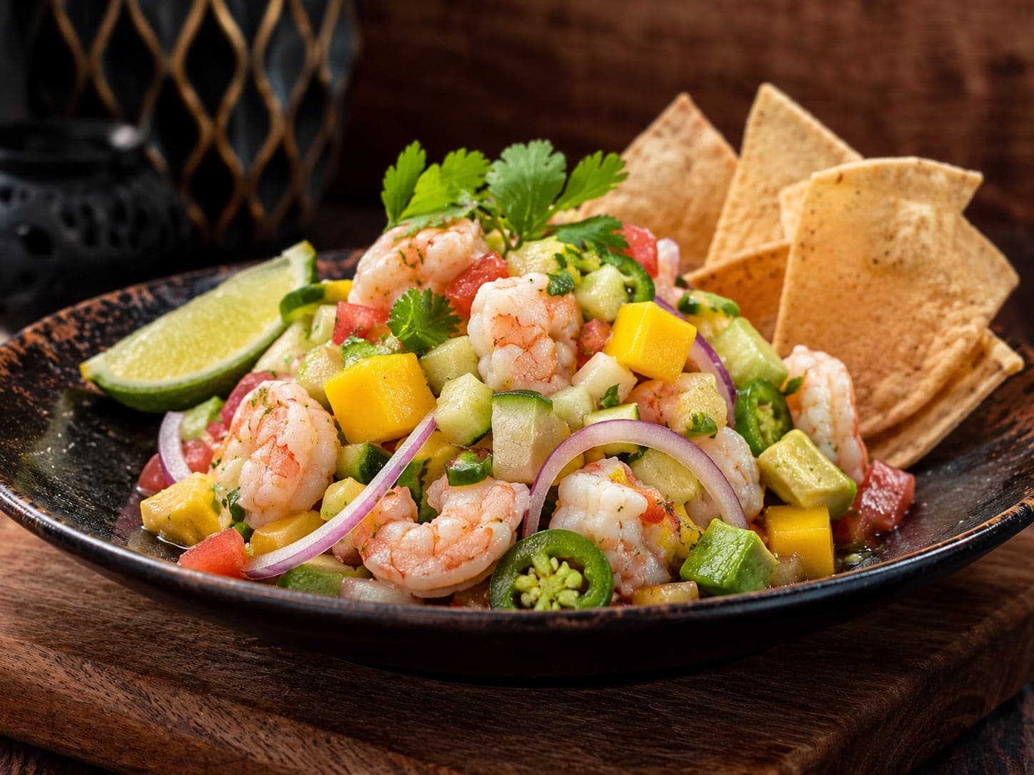 Ceviche di gamberi con avocado, mango e tortilla, dal menù Alo Alo a Bologna
